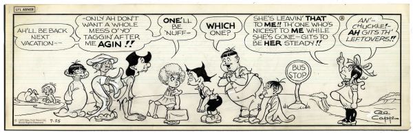 Lot of 4 ''Li'l Abner'' Comic Strips From The 1970's -- Hand-Drawn & Signed by Al Capp & Featuring The Yokum Family -- 19.5'' x 6.25'' -- Toning & White Out, Near Fine