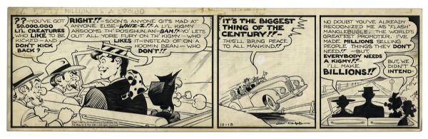 ''Li'l Abner'' 3-Panel Comic Strip From 13 October 1949 Featuring Abner, Mammy, Pappy & 'Flash' Manglebugle -- Hand-Drawn & Signed by Al Capp -- 22.75'' x 7'' -- Toning & White Out, Near Fine