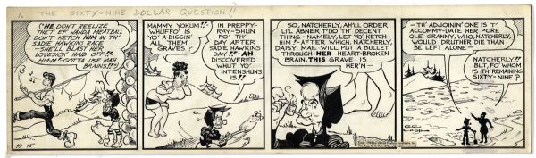 ''Li'l Abner'' 3-Panel Comic Strip From 15 October 1945 Featuring Mammy & Wanda Meatball -- Hand-Drawn & Signed by Al Capp -- 22.75'' x 6.5'' -- Toning & White Out, Near Fine