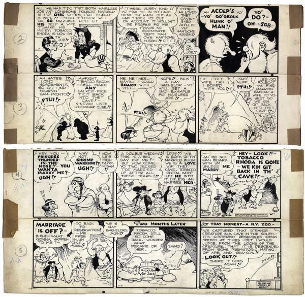 ''Li'l Abner'' Sunday Strip From 21 November 1943 Featuring Hairless Joe, Lonesome Polecat, Available Jones & Mammy -- Drawn & Signed by Capp -- 23'' x 16.5'' -- Toning, Tape & 1 Missing Row