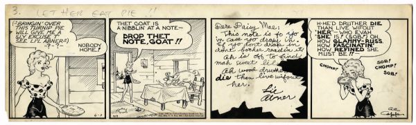 ''Li'l Abner'' Strip Hand Drawn & Signed by Al Capp From 3 June 1942 -- Featuring Daisy Mae & a Note Signed ''Li'l Abner'' -- Measures 22.75'' x 6.75'' -- Toning, Else Near Fine