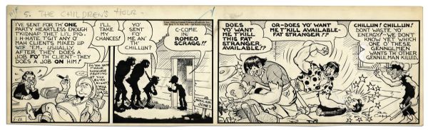 ''Li'l Abner'' Comic Strip Hand-Drawn & Signed by Al Capp From 22 May 1942 -- Featuring Available Jones & The Scraggs -- 22.75'' x 7'' -- Toning & White Out, Near Fine