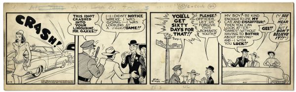 ''Li'l Abner'' Comic Strip From 9 July 1942 -- Hand-Drawn & Signed by Al Capp -- Featuring Mr. Garks aka Jeb Scragg & Miss Hazard -- 22.75'' x 7'' -- Toning & White Out -- Near Fine