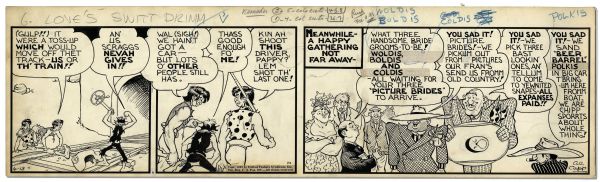 ''Li'l Abner'' Comic Strip Hand Drawn & Signed by Al Capp From 13 June 1942 -- Featuring Scraggs & a Mail Order Bride Joke -- 22.75'' x 6.75'' -- Toning & Notations to Top Margin, Else Near Fine