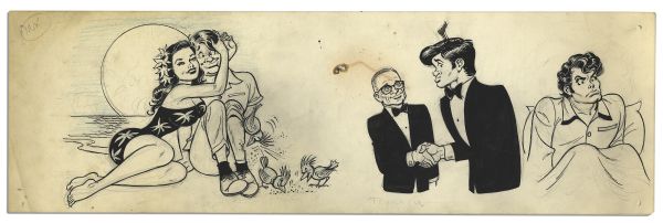 ''Li'l Abner'' Unfinished Comic Strip by Al Capp -- Undated & Untitled Pencil & Ink Strip Features Li'l Abner & Harry Truman -- 19.75'' x 6.25'' -- Scattered Staining Else Near Fine