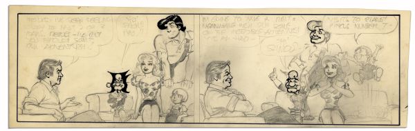 Al Capp ''Li'l Abner'' Unfinished Hand-Drawn Comic Strip -- Featuring The Abner Family Conversing With Capp Himself -- Measures 18.5'' x 5.75'' in Pencil & Ink, With Sketches to Verso