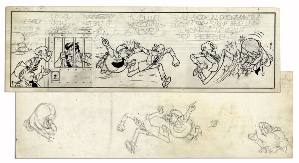 Al Capp ''Li'l Abner'' Unfinished Hand-Drawn Comic Strip -- Featuring Li'l Abner and a Dogpatch Sheriff -- Measures 19.5'' x 6.25'' in Pencil & Ink With Character Sketches to Verso -- Near Fine