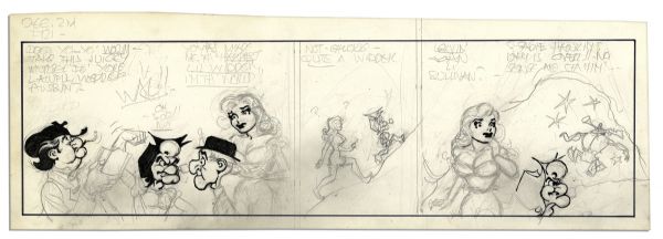 Al Capp ''Li'l Abner'' Unfinished Hand-Drawn Comic Strip -- Featuring Daisy Mae & Mammy Yokum -- Measures 18.75'' x 6.25'' in Pencil & Ink -- Near Fine
