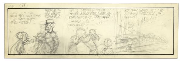Al Capp ''Li'l Abner'' Unfinished Hand-Drawn Comic Strip -- Featuring Fearless Fosdick -- Measures 18.75'' x 6'' in Pencil With Second Crossed-Out Strip to Verso -- Near Fine