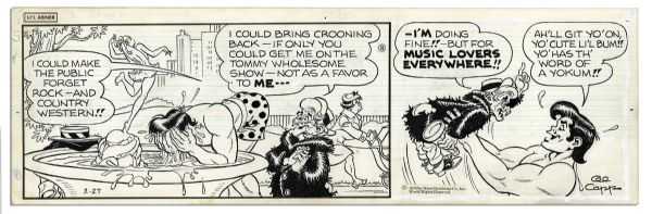 Lot of 4 ''Li'l Abner'' Comic Strips Hand-Drawn & Signed by Al Capp Featuring Abner, Tommy Wholesome & Skeets -- 27, 28 February & 4, 5 March 1970 -- 23'' x 6.75'' -- White Out, Near Fine