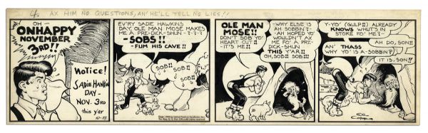 ''Li'l Abner'' Comic Strip From 18 October 1945 Featuring Li'l Abner & Ole Man Mose With a Mention of Sadie Hawkins Day -- Drawn & Signed by Capp -- 22.75'' x 6.5'' -- Toning, Else Near Fine