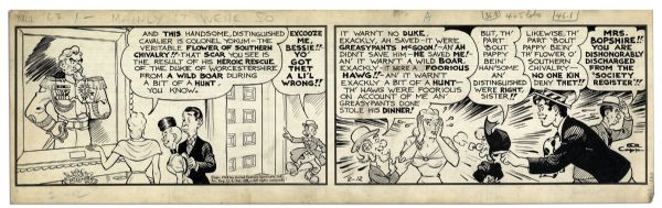 ''Li'l Abner'' Comic Strip From 12 February 1945 -- Hand-Drawn by Al Capp Featuring Abner, Mammy, Pappy, Colonel Yokum & Mrs. Bopshire -- 22.75'' x 6.75'' -- Toning & White Out, Near Fine