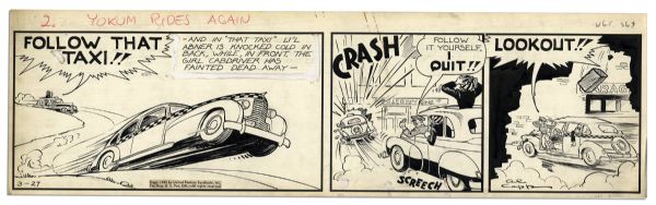 ''Li'l Abner'' Comic Strip From 27 March 1945 -- Hand-Drawn & Signed by Al Capp Featuring Li'l Abner -- 22.75'' x 6.75'' -- Toning & White Out, Near Fine
