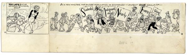 ''Li'l Abner'' Comic Strip From 10 April 1966 -- Hand-Drawn by Al Capp Featuring S.W.I.N.E. -- Students Wildly Indignant About Nearly Everything -- 21.25'' x 8'' -- Toning & White Out, Near Fine