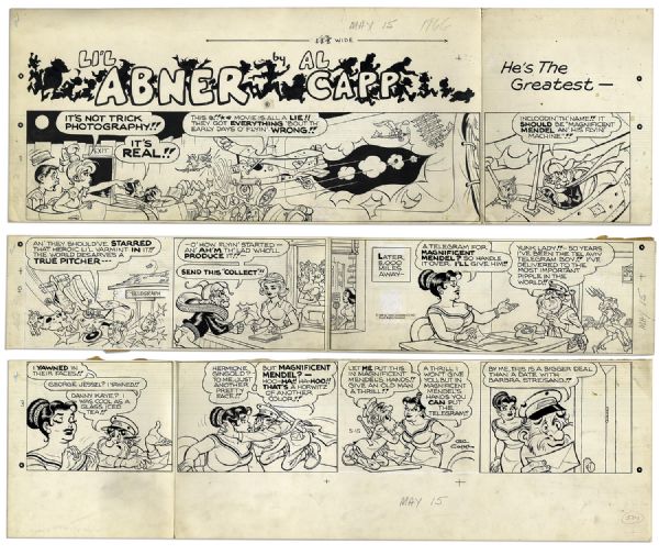 ''Li'l Abner'' Partial Sunday Strip From 15 May 1966 -- Hand-Drawn by Capp With Illustrations to Verso -- Featuring Magnificent Mendel -- 29'' x 23'' -- White Out and Toning, Near Fine