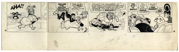 ''Li'l Abner'' Sunday Strip From 15 January 1966 -- Mentioning Fosdick -- Hand-Drawn & Signed by Capp -- 29'' x 13.25'' on Two Separated Strips -- News Syndicate Sticker Missing, Very Good