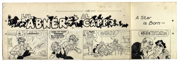 ''Li'l Abner'' Sunday Strip Hand-Drawn by Al Capp From 28 August 1966 -- Monster Costume Storyline -- With Sketches to Verso -- 29'' x 18'' On Two Separated Strips -- Very Good