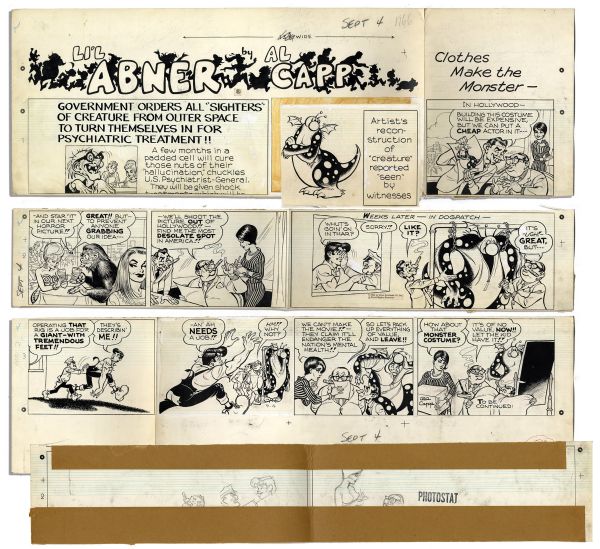 ''Li'l Abner'' Sunday Strip Hand-Drawn & Signed by Al Capp -- Monster Costume Storyline With Li'l Abner From 4 September 1966 -- 4 Pieces With Sketches to Verso -- 23.25'' x 29'' -- Very Good