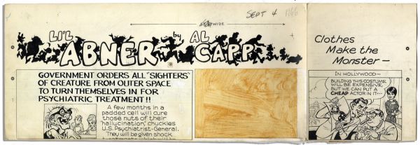 ''Li'l Abner'' Sunday Strip Hand-Drawn & Signed by Al Capp -- Monster Costume Storyline With Li'l Abner From 4 September 1966 -- 4 Pieces With Sketches to Verso -- 23.25'' x 29'' -- Very Good
