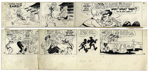 ''Li'l Abner'' Partial Sunday Strip From 13 February 1966 Featuring  Li'l Abner -- Hand-Drawn & Signed by Capp -- 13.5'' x 29'' -- Two of Three Rows of Panels, Top Row Absent, Else Near Fine