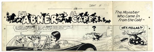 ''Li'l Abner'' Sunday Strip Hand-Drawn & Signed by Al Capp -- Monster Costume Storyline Featuring Mammy, Pappy, Daisy Mae & Salomey -- From 11 September 1966 -- 29'' x 23'' -- Near Fine