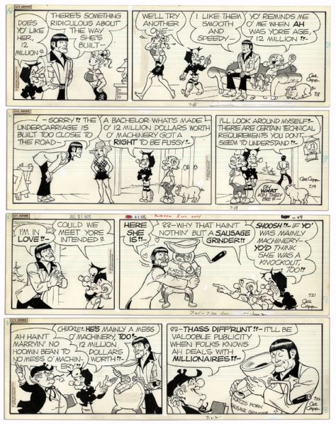 Lot of 4 ''Li'l Abner'' Comic Strips From 1975 -- Hand-Drawn & Signed by Al Capp Featuring Mammy & Pappy Yokum -- 19.5'' x 6.25'' -- Toning & White Out, Near Fine