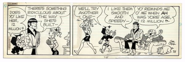 Lot of 4 ''Li'l Abner'' Comic Strips From 1975 -- Hand-Drawn & Signed by Al Capp Featuring Mammy & Pappy Yokum -- 19.5'' x 6.25'' -- Toning & White Out, Near Fine