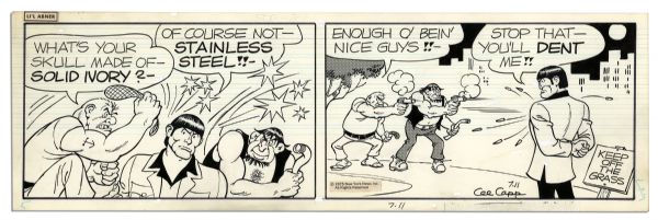 Lot of 4 ''Li'l Abner'' Comic Strips Hand-Drawn by Al Capp From July 1975 -- Featuring 12 Million Dollar Man -- 19.75'' x 6.25'' -- Toning & White Out, Near Fine