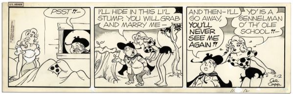 Lot of 4 ''Li'l Abner'' Comic Strips Hand-Drawn by Al Capp -- Daisy Mae, Honest Abe, Mammy & Pappy on Sadie Hawkins Day -- 12-15 November 1975 -- 18.5'' x 6.25'' -- Toning & White Out, Near Fine