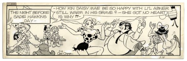 Lot of 4 ''Li'l Abner'' Comic Strips Hand-Drawn by Al Capp -- Daisy Mae, Honest Abe, Mammy & Pappy on Sadie Hawkins Day -- 12-15 November 1975 -- 18.5'' x 6.25'' -- Toning & White Out, Near Fine