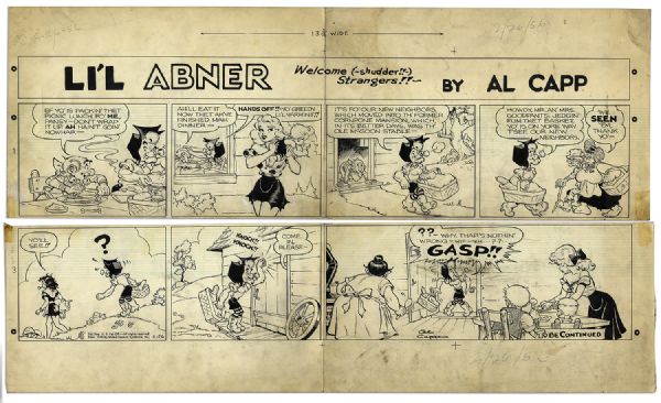 ''Li'l Abner'' Sunday Strip Hand-Drawn by Al Capp From 26 February 1956 -- Featuring Mammy, Pappy, Daisy Mae, Honest Abe, Moonbeam McSwine -- 29'' x 17.5'' On Two Separated Strips -- Very Good