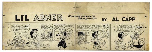 ''Li'l Abner'' Sunday Strip Hand-Drawn by Al Capp From 26 February 1956 -- Featuring Mammy, Pappy, Daisy Mae, Honest Abe, Moonbeam McSwine -- 29'' x 17.5'' On Two Separated Strips -- Very Good