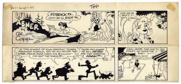 ''Li'l Abner'' Sunday Strip From 27 November 1977 Featuring Li'l Abner, Daisy Mae & Fosdick -- Hand-Drawn & Signed by Capp -- 23.25'' x 16.25'' On Three Separated Strips -- Toning, Near Fine