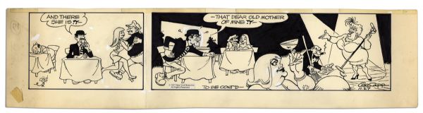 ''Li'l Abner'' Sunday Strip From 27 November 1977 Featuring Li'l Abner, Daisy Mae & Fosdick -- Hand-Drawn & Signed by Capp -- 23.25'' x 16.25'' On Three Separated Strips -- Toning, Near Fine