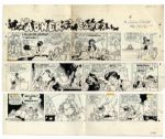 Lil Abner Sunday Strip Hand-Drawn by Al Capp From 27 January 1974 -- Featuring Lil Abner, Hairless Joe & Lonesome Polecat -- 29 x 23 On Three Separated Strips -- Very Good