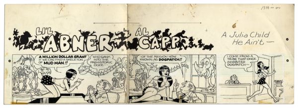 ''Li'l Abner'' Sunday Strip Hand-Drawn by Al Capp From 27 January 1974 -- Featuring Li'l Abner, Hairless Joe & Lonesome Polecat -- 29'' x 23'' On Three Separated Strips -- Very Good