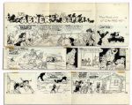 Lil Abner Sunday Strip Hand-Drawn by Al Capp From 20 January 1974 -- Featuring The Yokums in Dogpatch -- With Sketches to Verso -- 29 x 23 On Three Separated Strips -- Very Good