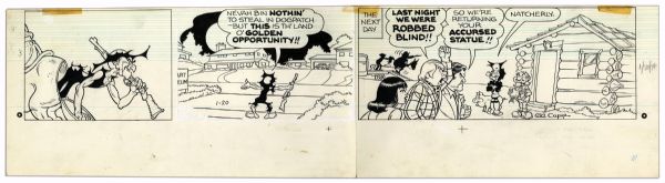 ''Li'l Abner'' Sunday Strip Hand-Drawn by Al Capp From 20 January 1974 -- Featuring The Yokums in Dogpatch -- With Sketches to Verso -- 29'' x 23'' On Three Separated Strips -- Very Good