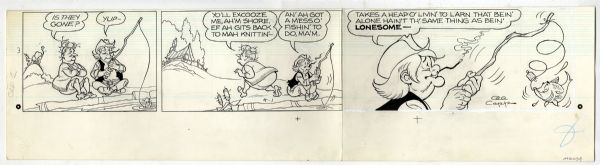 ''Li'l Abner'' Sunday Strip Hand-Drawn by Al Capp From 1 April 1973 -- Featuring Honest Abe -- With Sketches to Verso -- 29'' x 23'' On Three Separated Strips -- Very Good
