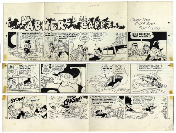 ''Li'l Abner'' Sunday Strip Hand-Drawn by Al Capp From 17 March 1974 -- Featuring Weakeyes Yokum -- 29'' x 15.25'' On Three Separated Strips -- Very Good