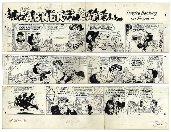 ''Li'l Abner'' Sunday Strip Hand-Drawn by Al Capp From 10 May 1970 -- Featuring The Yokum Family -- With Sketches to Verso -- 29'' x 23'' On Three Separated Strips -- Very Good