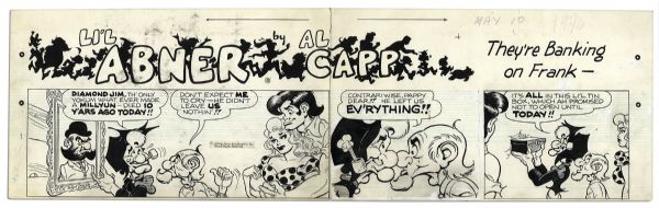 ''Li'l Abner'' Sunday Strip Hand-Drawn by Al Capp From 10 May 1970 -- Featuring The Yokum Family -- With Sketches to Verso -- 29'' x 23'' On Three Separated Strips -- Very Good