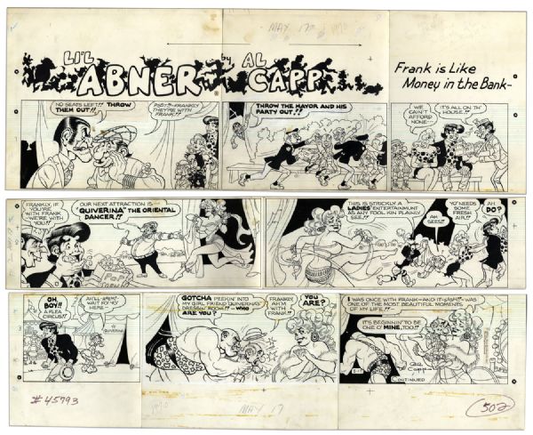 ''Li'l Abner'' Sunday Strip Hand-Drawn by Al Capp From 17 May 1970 -- Featuring Li'l Abner, Daisy Mae, Pappy Yokum -- With Sketches to Verso -- 29'' x 23'' On Three Separated Strips -- Very Good