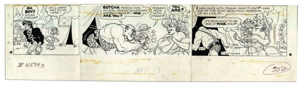''Li'l Abner'' Sunday Strip Hand-Drawn by Al Capp From 17 May 1970 -- Featuring Li'l Abner, Daisy Mae, Pappy Yokum -- With Sketches to Verso -- 29'' x 23'' On Three Separated Strips -- Very Good