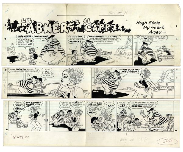 ''Li'l Abner'' Sunday Strip Hand-Drawn & Signed by Al Capp From 31 May 1970 -- Featuring Pappy Yokum -- With Sketches to Verso Measures 29'' x  23'' On Three Separated Strips -- Very Good