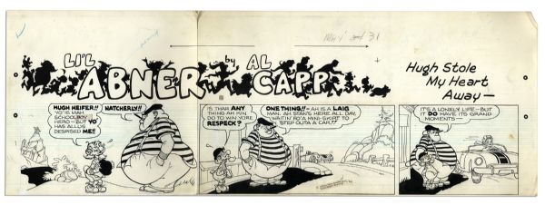 ''Li'l Abner'' Sunday Strip Hand-Drawn & Signed by Al Capp From 31 May 1970 -- Featuring Pappy Yokum -- With Sketches to Verso Measures 29'' x  23'' On Three Separated Strips -- Very Good