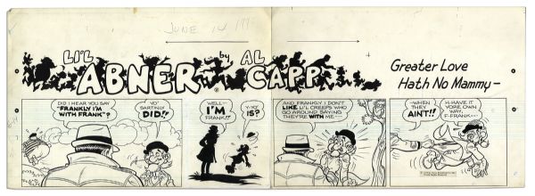 ''Li'l Abner'' Sunday Strip Hand-Drawn by Al Capp From 19 July 1959 -- Featuring Mammy & Pappy Yokum -- With Sketches to Verso -- 29'' x 23'' On Three Separated Strips -- Very Good