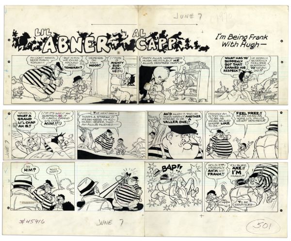 ''Li'l Abner'' Strip Hand-Drawn by Capp, Who Adds Sketch to Verso -- 7 June 1970 -- Mammy, Pappy & Hugh Heifer -- 3 Segments, Largest 29'' x 10.25'' -- Toning, a Tear & Creasing, Very Good