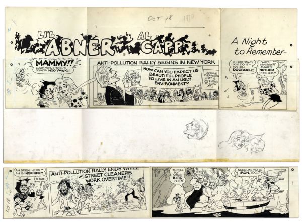 ''Li'l Abner'' Partial Sunday Strip Hand-Drawn by Al Capp, Who Adds a Sketch to Verso -- 18 October 1970 -- Mammy, Daisy Mae, Hairless Joe, Polecat & Hippies -- 29'' x 15.25'' -- Near Fine