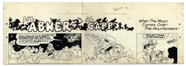 ''Li'l Abner'' Sunday Strip Hand-Drawn & Signed by Al Capp From 10 September 1967 -- Space Program Parody Storyline Featuring Li'l Abner, Honest Abe & Daisy Mae -- 29'' x 15.5'' -- Very Good